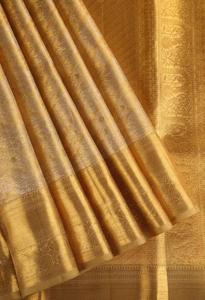 Gold Kanchipuram Silk Sarees with Gold Zari Floral Patterns