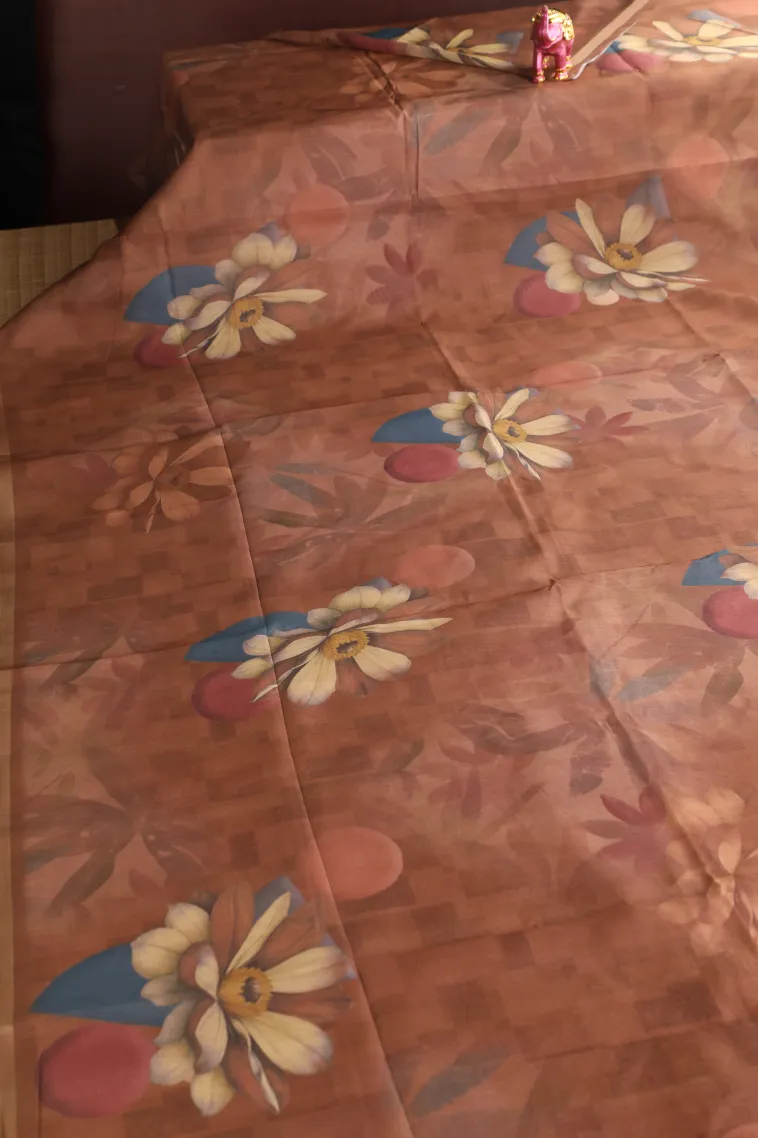 Caramel Brown Semi Tussar Silk Without Zari With Flower Mottif view 2