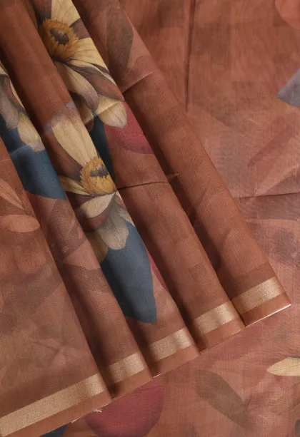 Caramel Brown Semi Tussar Silk Without Zari With Flower Mottif