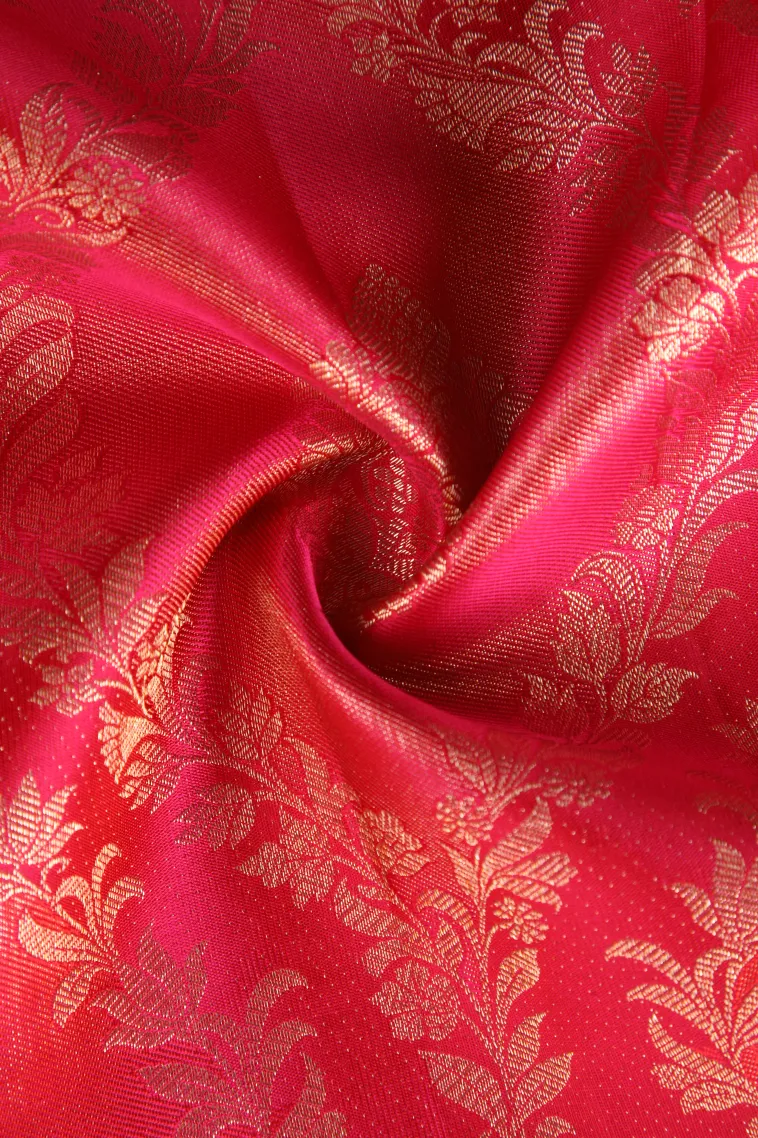 Strawberry Pink Kanchipuram Silk Sarees with Gold Zari Floral Patterns view 4