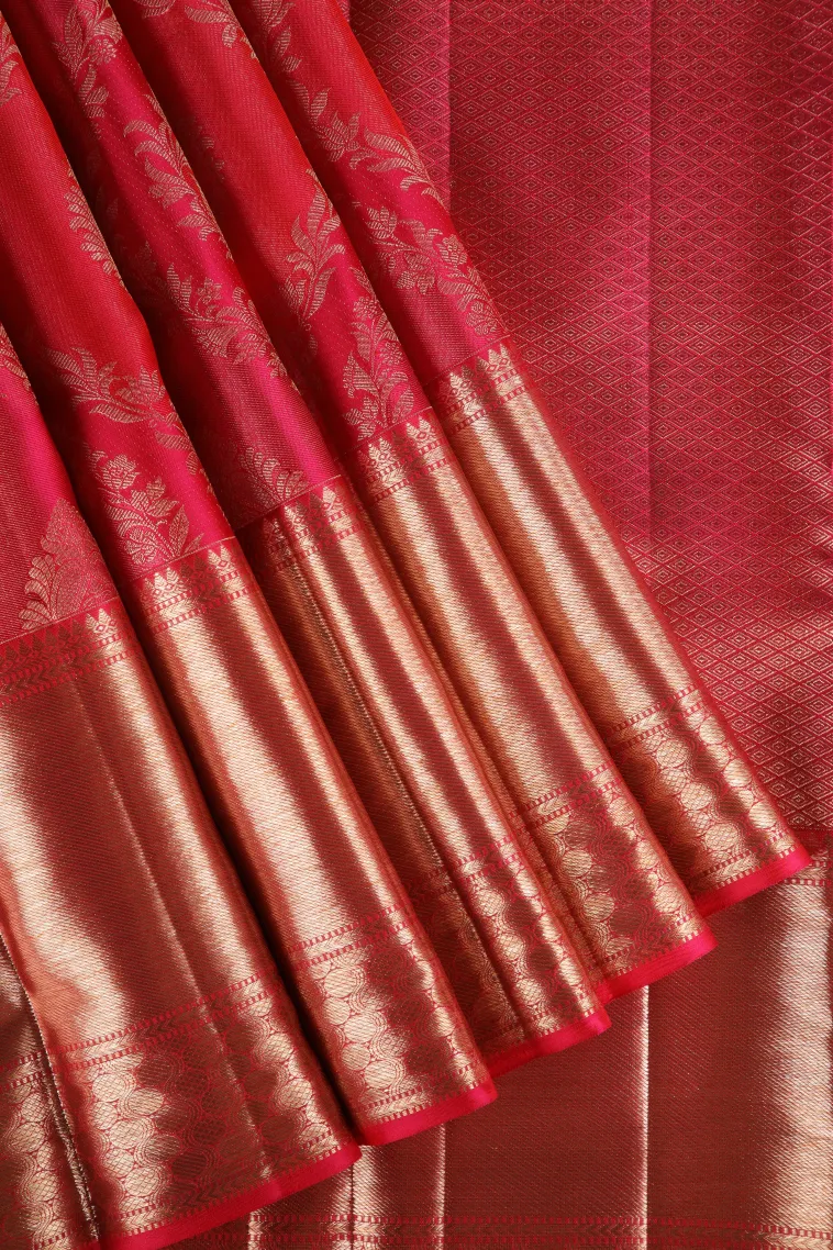 Strawberry Pink Kanchipuram Silk Sarees with Gold Zari Floral Patterns