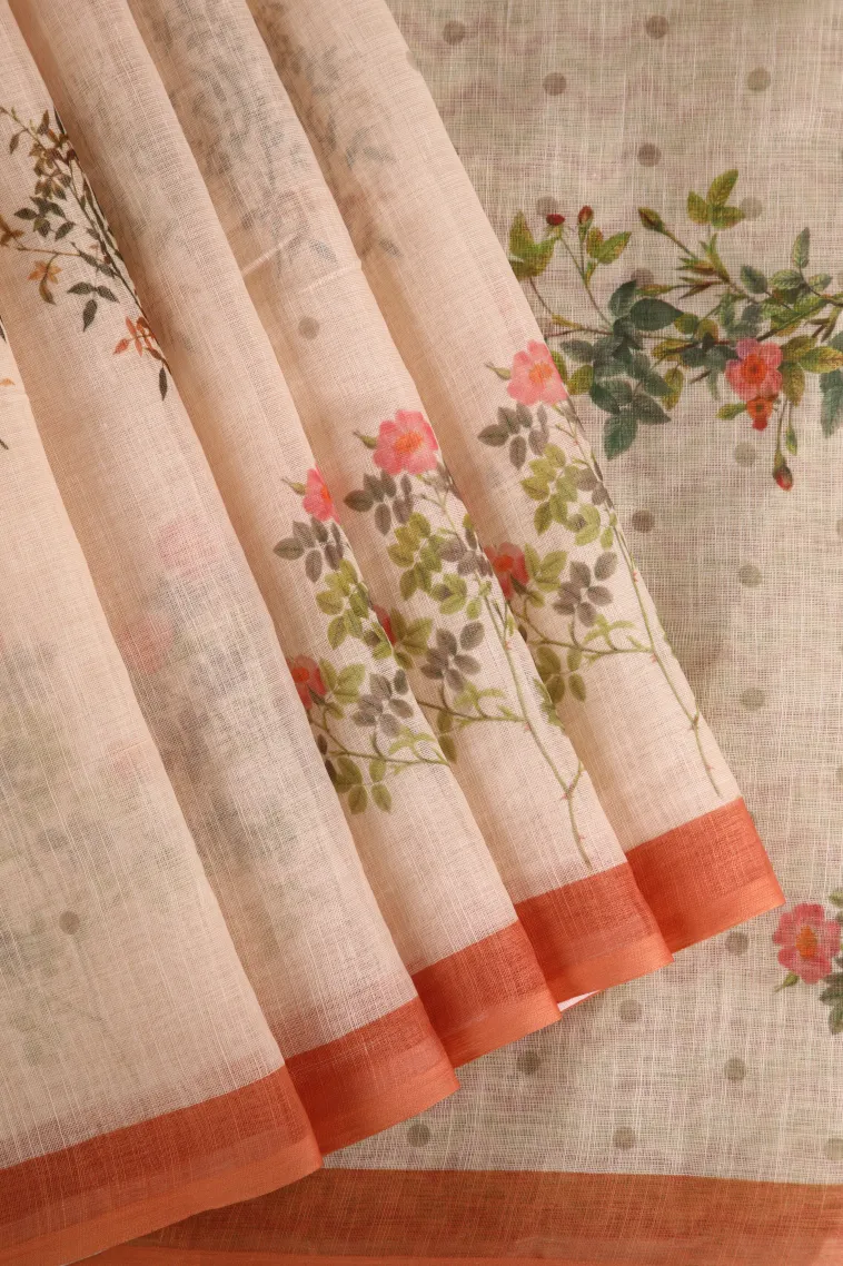 Coconut White Linen Saree Without Zari With Flower Mottif