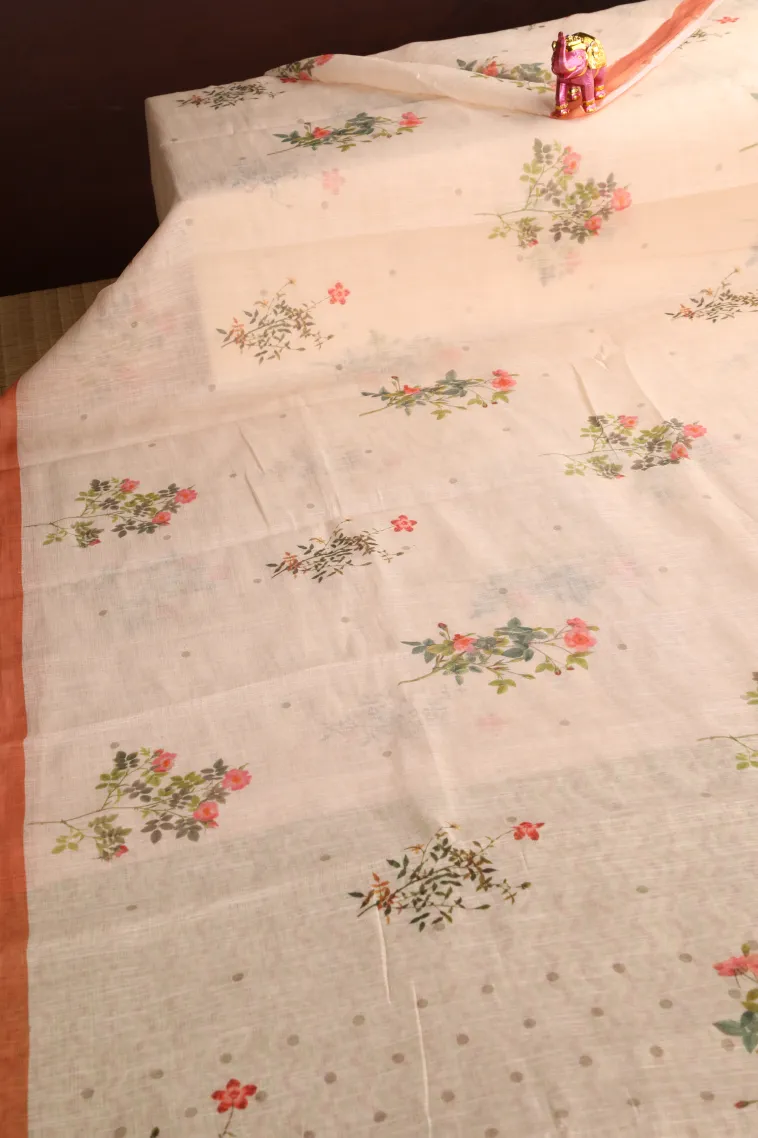 Coconut White Linen Saree Without Zari With Flower Mottif view 2