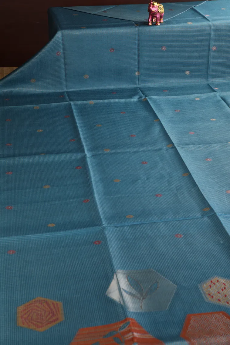 Cerulean Blue Tussar Saree Without Zari With Floral Patterns view 2