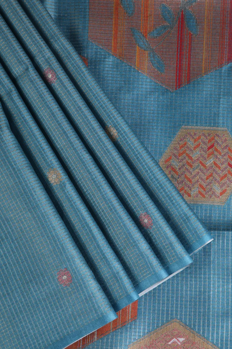 Cerulean Blue Tussar Saree Without Zari With Floral Patterns