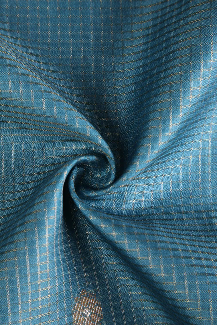 Cerulean Blue Tussar Saree Without Zari With Floral Patterns view 4