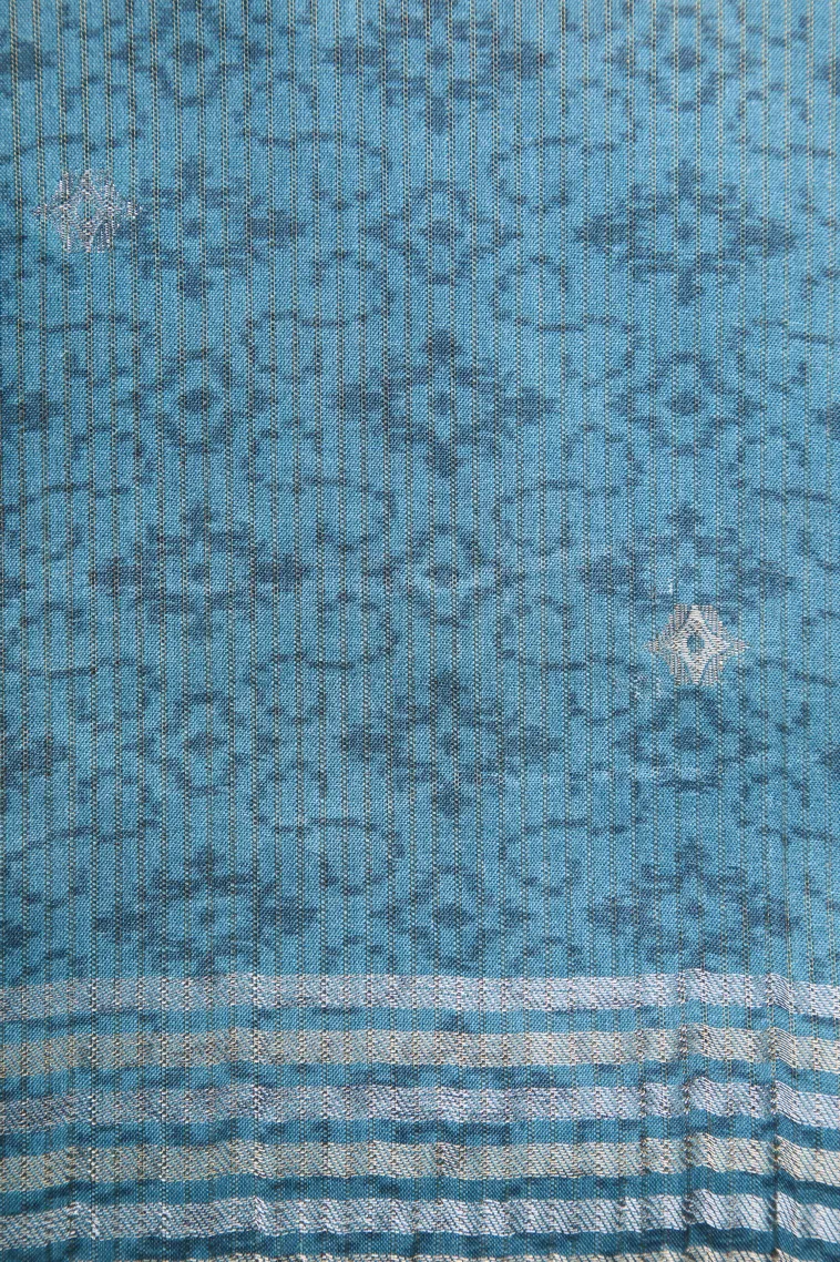 Cerulean Blue Tussar Saree Without Zari With Floral Patterns view 3