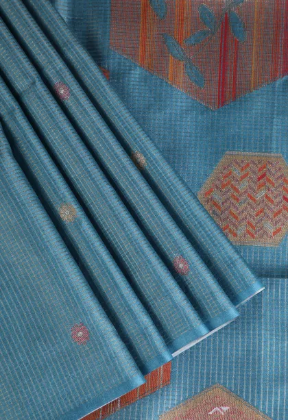Cerulean Blue Tussar Saree Without Zari With Floral Patterns