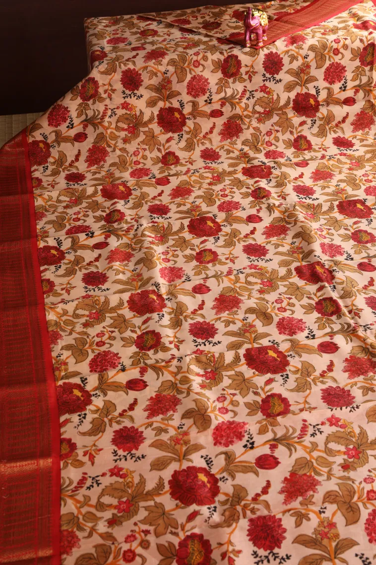 Salmon Pink Chanderi Cotton Sarees with Copper Zari Floral Patterns view 2