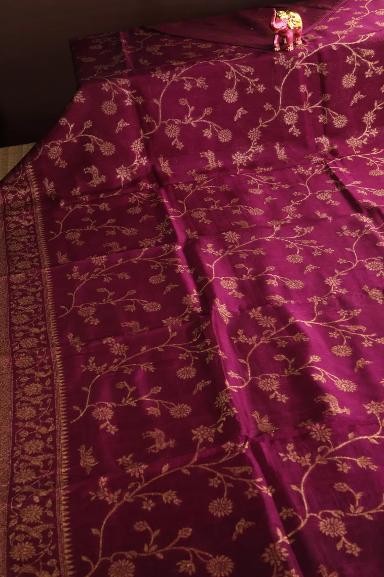 Magenta Purple Banaras Sarees with Copper Zari Floral Patterns view 2