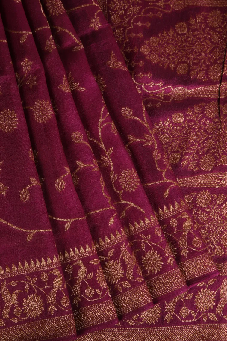 Magenta Purple Banaras Sarees with Copper Zari Floral Patterns