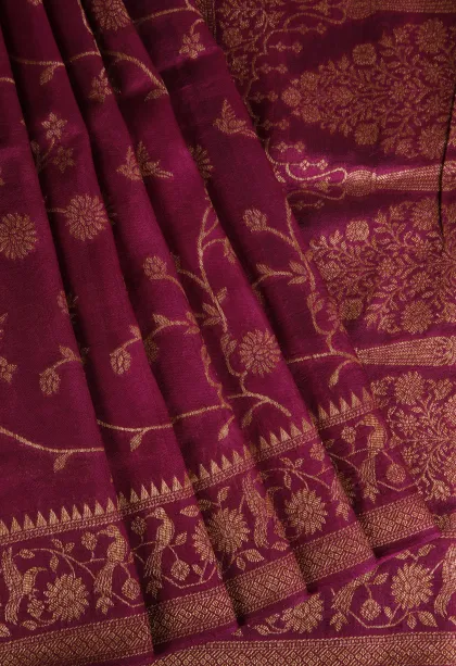 Magenta Purple Banaras Sarees with Copper Zari Floral Patterns