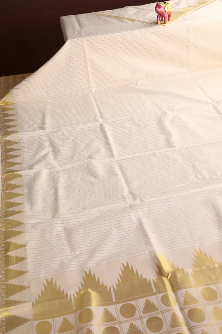 Cotton White Kasavu Sarees with Gold Zari Stripes view 2