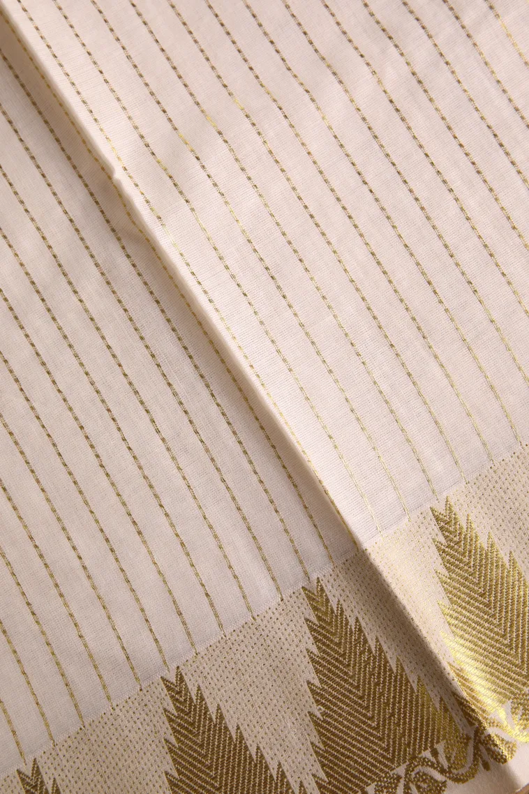 Cotton White Kasavu Sarees with Gold Zari Stripes view 3