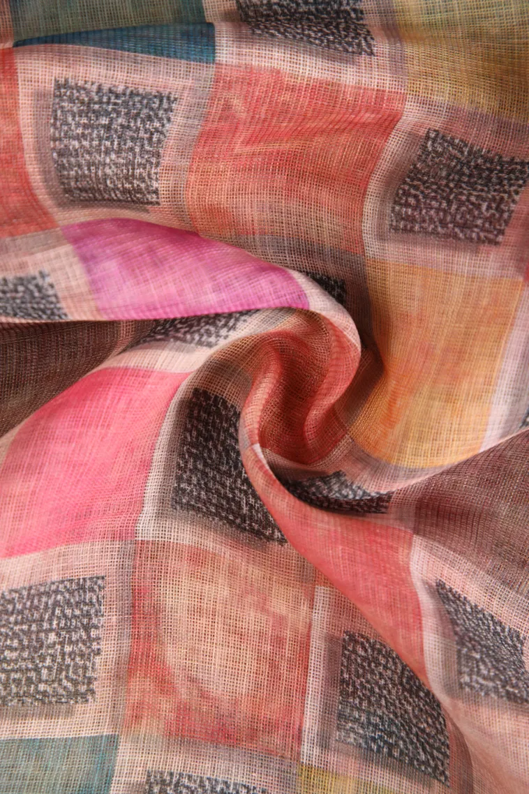 Lemonade Pink Linen Saree with Silver Zari Geometric Shapes view 4