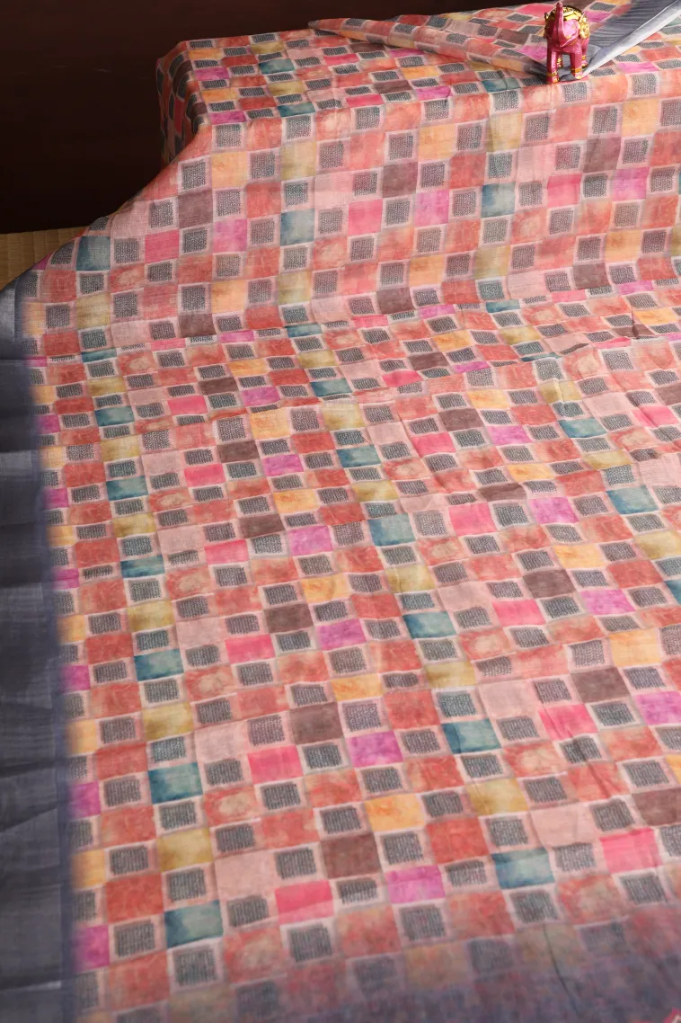Lemonade Pink Linen Saree with Silver Zari Geometric Shapes view 2