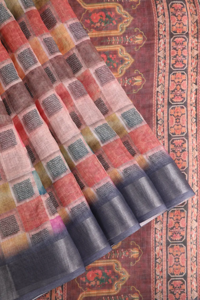 Lemonade Pink Linen Saree with Silver Zari Geometric Shapes