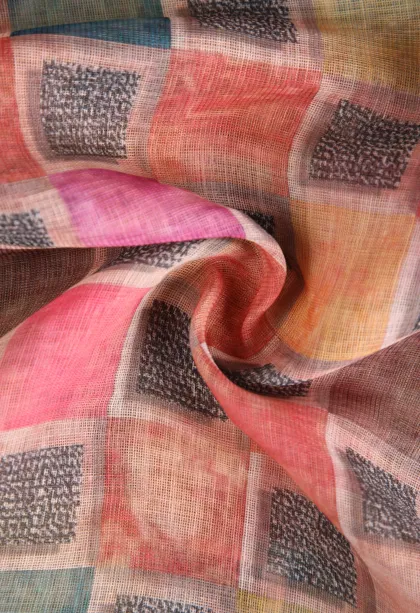 Lemonade Pink Linen Saree with Silver Zari Geometric Shapes