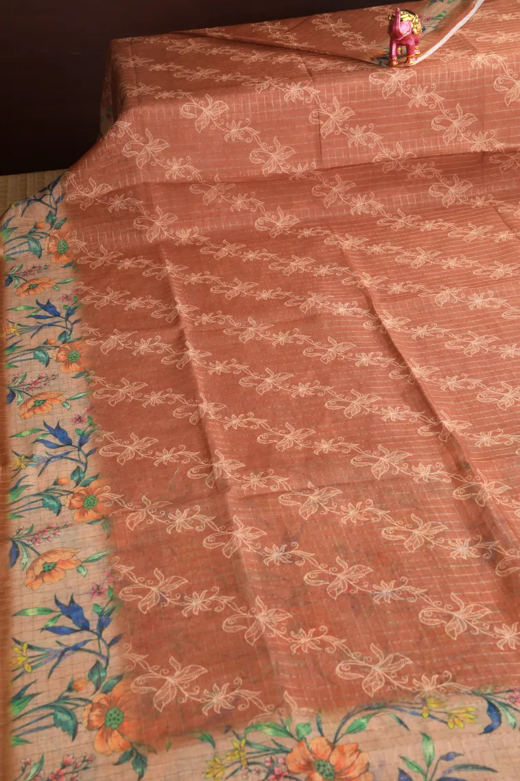 Tawny Brown Linen Saree with Gold Zari Checks And Puttas view 2