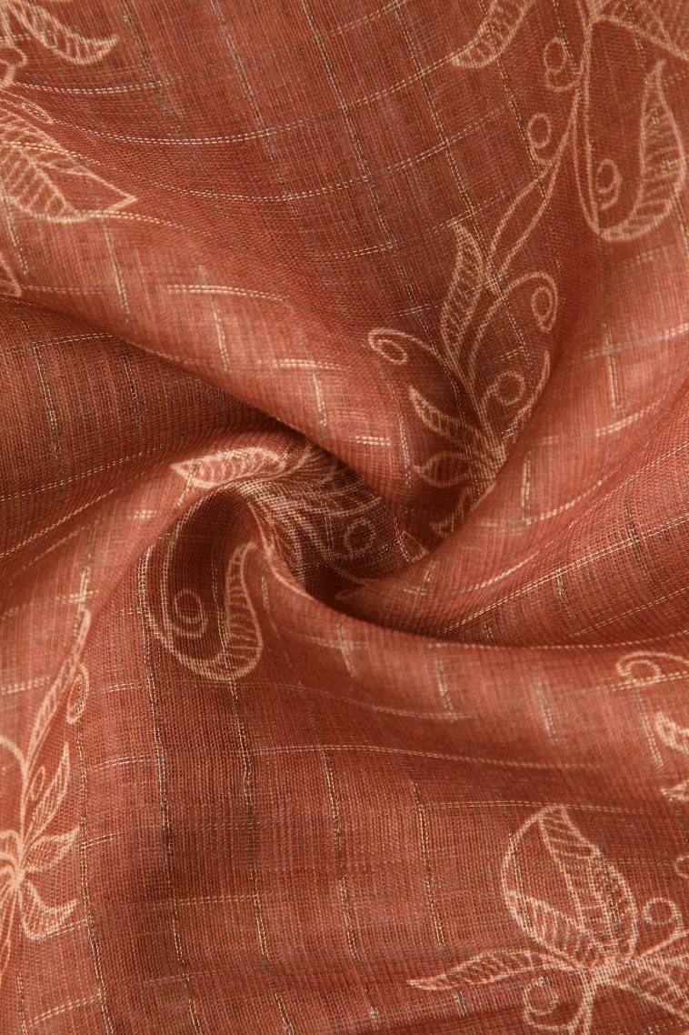 Tawny Brown Linen Saree with Gold Zari Checks And Puttas view 4