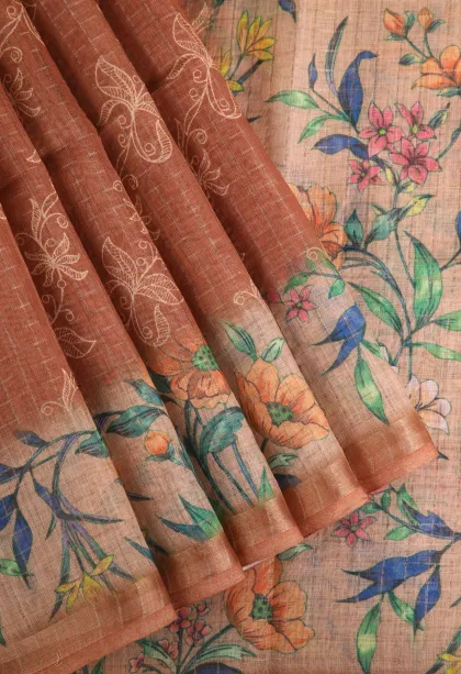 Tawny Brown Linen Saree with Gold Zari Checks And Puttas