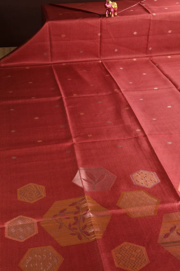 Dawn Red Tussar Saree Without Zari With Floral Patterns view 2