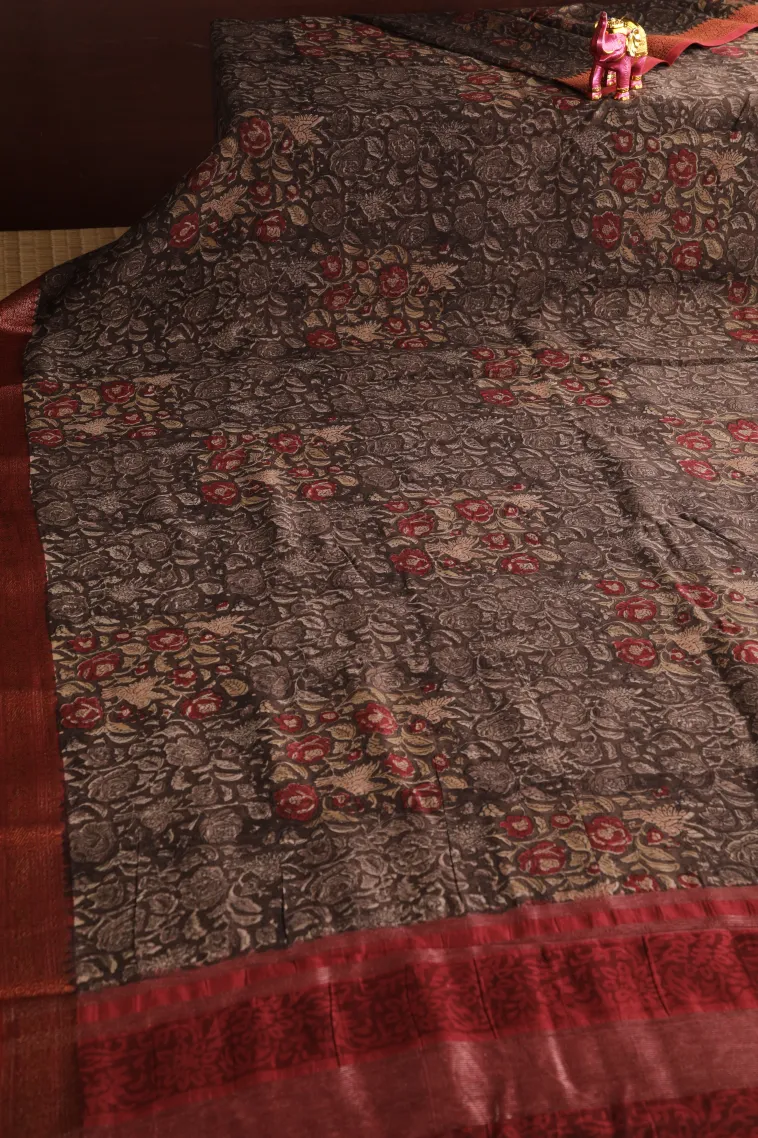 Peanut Brown Chanderi Cotton Sarees with Copper Zari Floral Patterns view 2