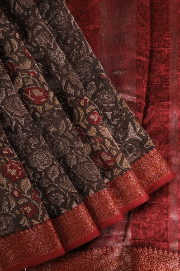 Peanut Brown Chanderi Cotton Sarees with Copper Zari Floral Patterns