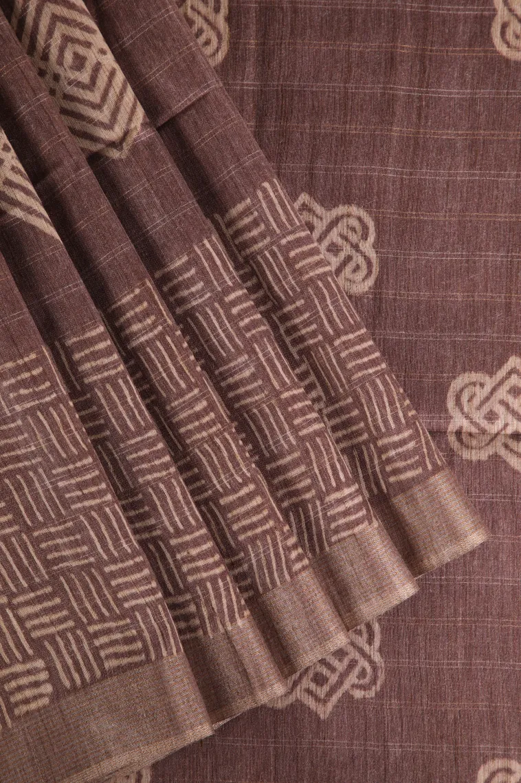 Caramel Brown Semi Tussar Silk with Gold And Silver Zari Geometric Shapes
