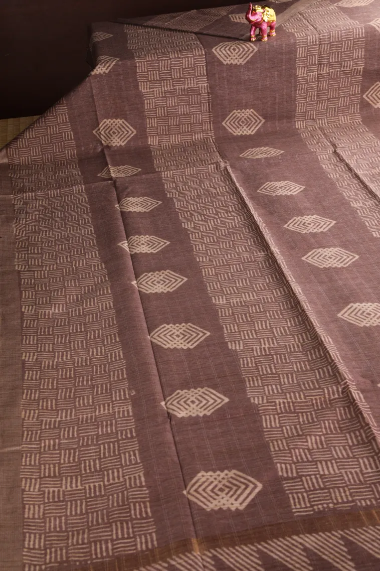Caramel Brown Semi Tussar Silk with Gold And Silver Zari Geometric Shapes view 2