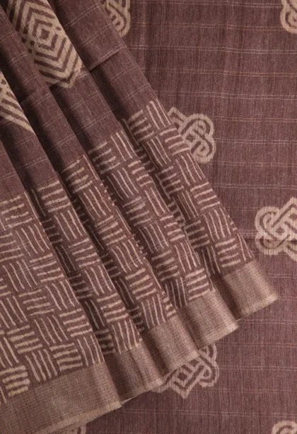 Caramel Brown Semi Tussar Silk with Gold And Silver Zari Geometric Shapes
