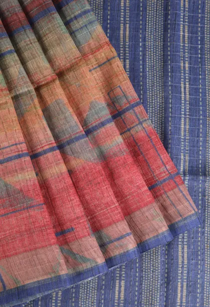Strawberry Pink Semi Tussar Silk with Gold Zari Geometric Shapes
