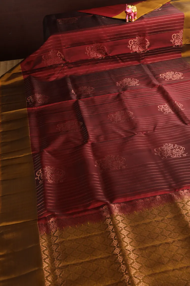 Berry Red Soft Silk Saree with Copper Zari Straipes And Puttas view 2