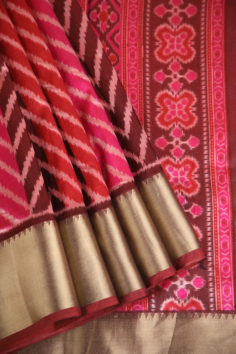 Hot Pink Tussar Saree with Gold Zari Jamandery Pattern