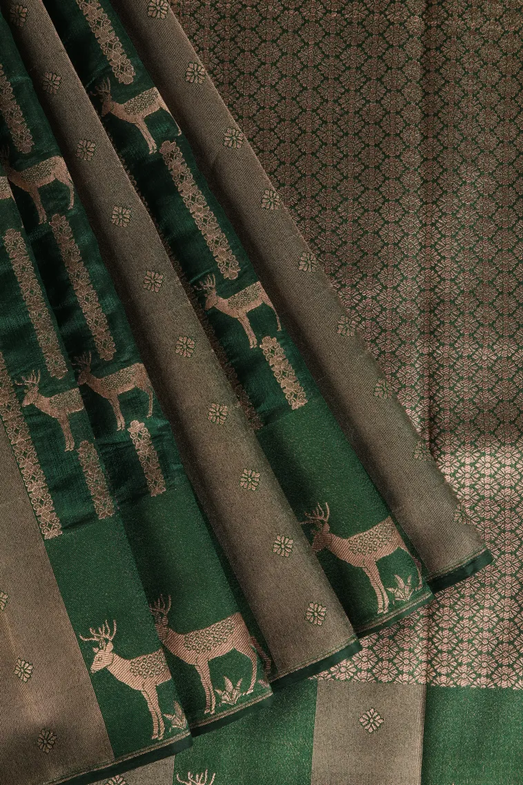 Seaweed Green Banaras Sarees with Gold Zari Animal Mottif
