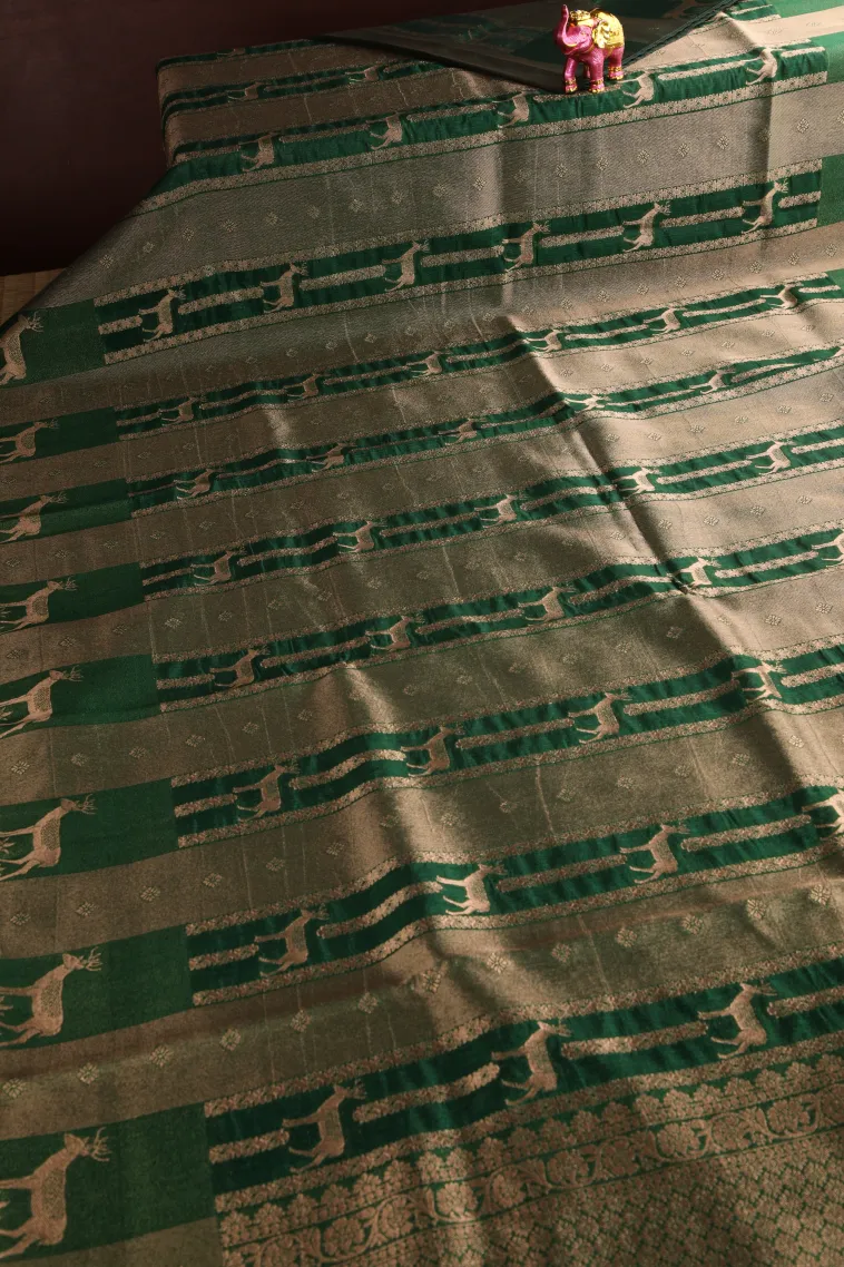 Seaweed Green Banaras Sarees with Gold Zari Animal Mottif view 2