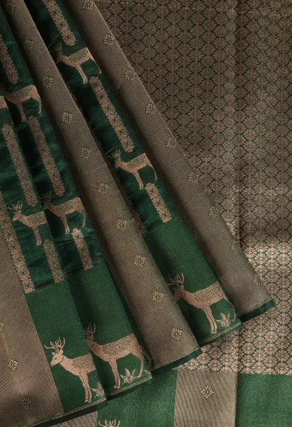 Seaweed Green Banaras Sarees with Gold Zari Animal Mottif