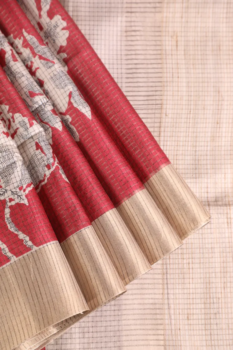 Apple Red Jute Sarees with Gold Zari Floral Patterns