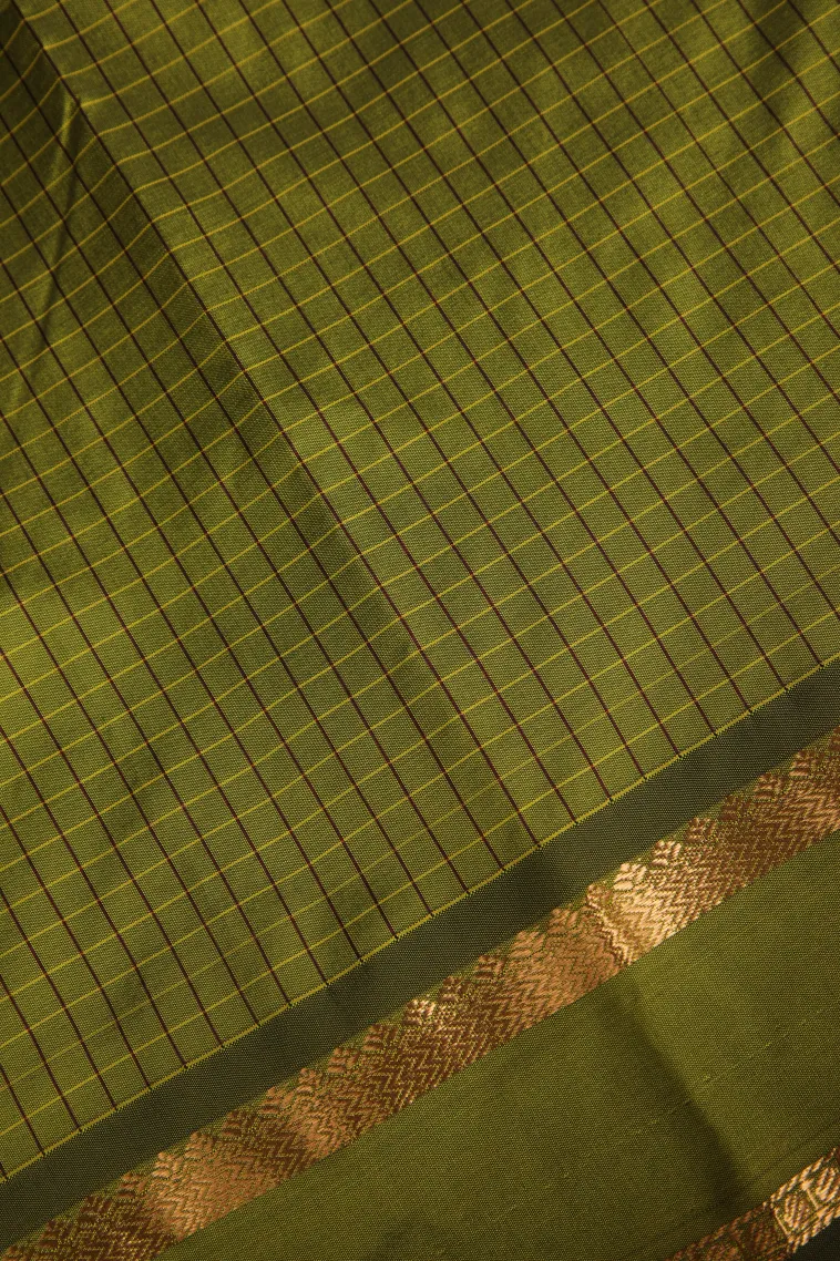 Olive Green Soft Silk Saree with Gold Zari Checks view 3