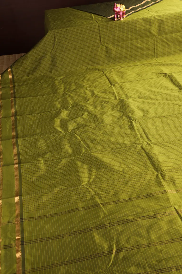 Olive Green Soft Silk Saree with Gold Zari Checks view 2
