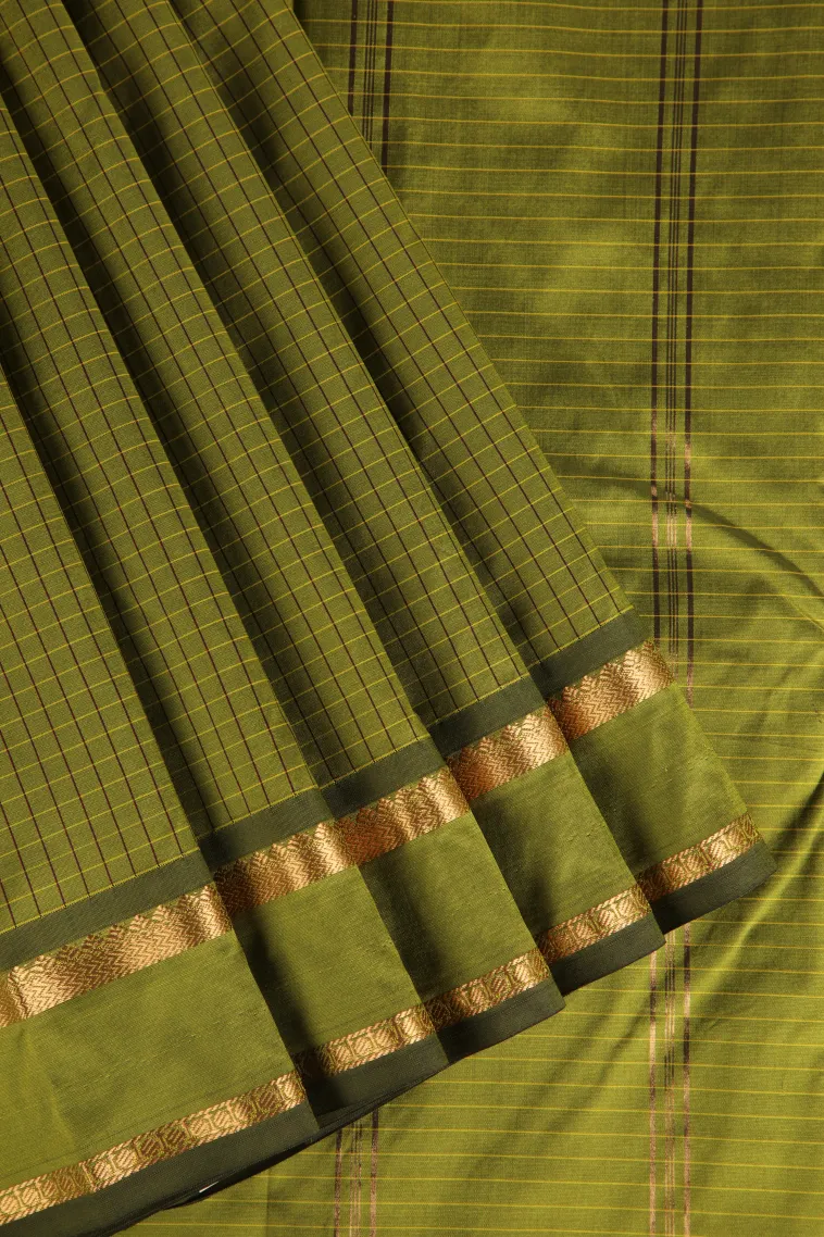 Olive Green Soft Silk Saree with Gold Zari Checks