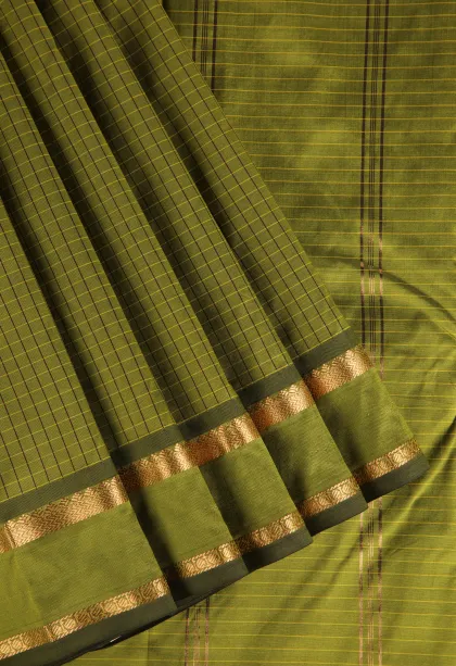 Olive Green Soft Silk Saree with Gold Zari Checks