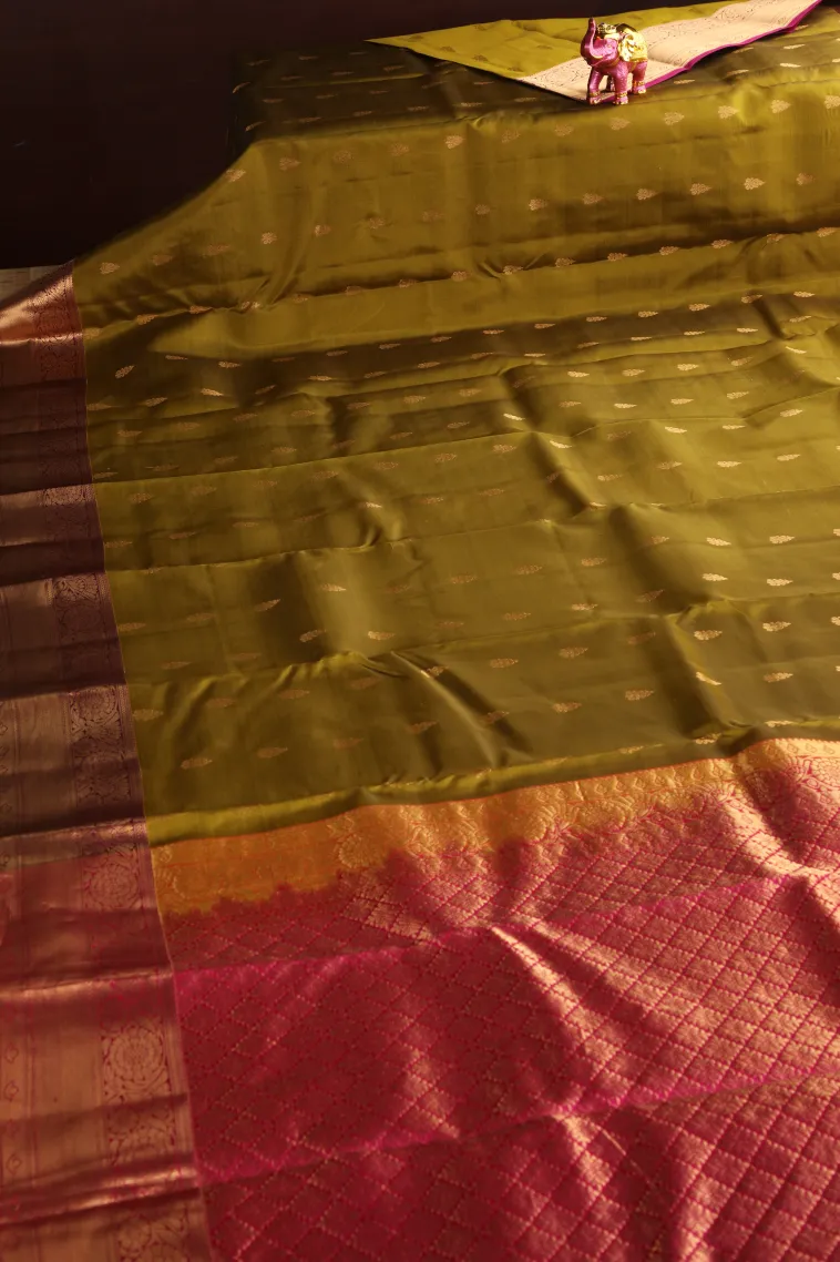 Olive Green Soft Silk Saree with Gold Zari Buttis (small Dots Or Motifs) view 2