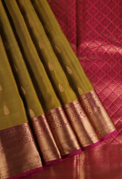Olive Green Soft Silk Saree with Gold Zari Buttis (small Dots Or Motifs)