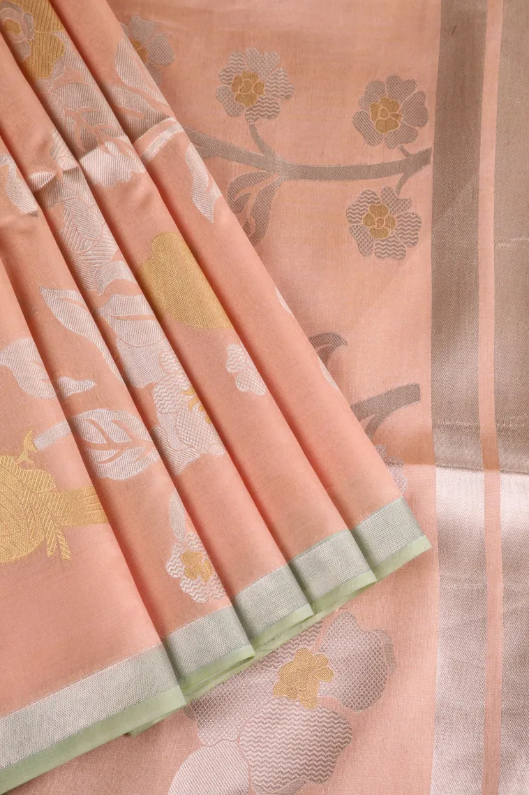 Peach Pink Tussar Saree with Gold And Silver Zari Flower Mottif