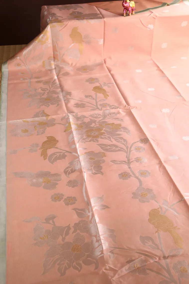 Peach Pink Tussar Saree with Gold And Silver Zari Flower Mottif view 2
