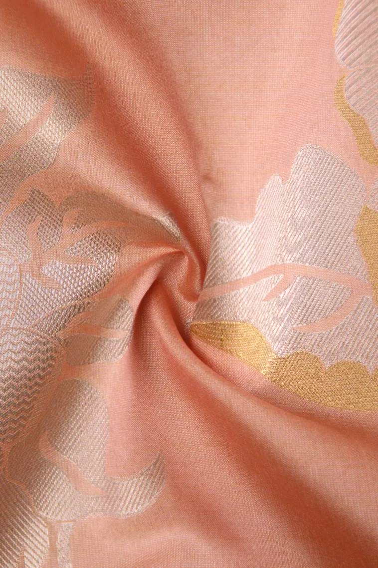 Peach Pink Tussar Saree with Gold And Silver Zari Flower Mottif view 4