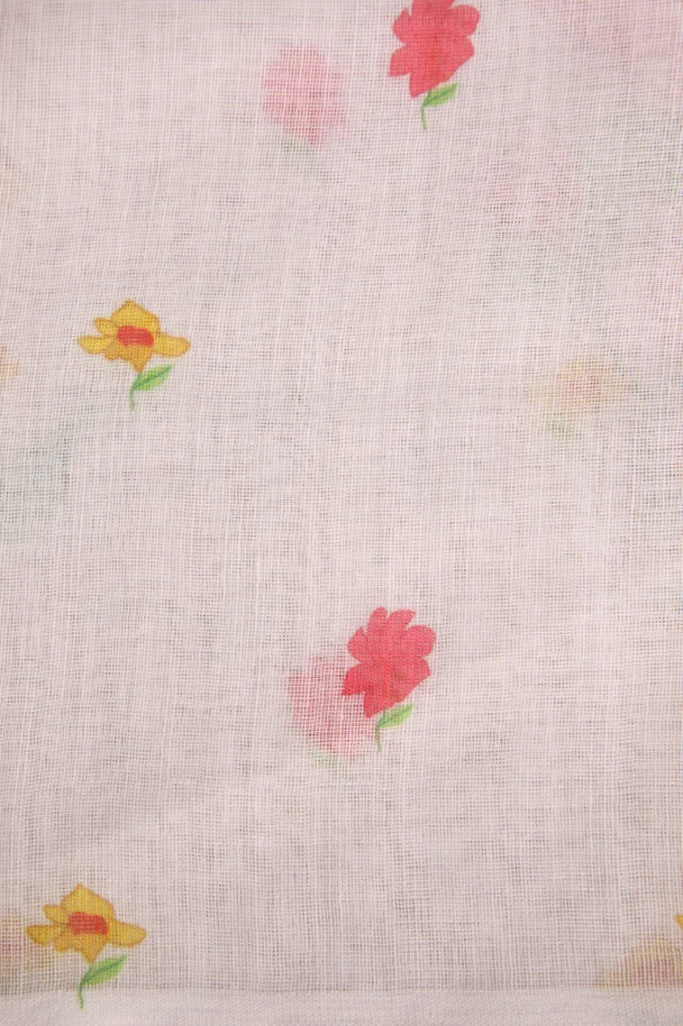 Cotton White Linen Saree Without Zari With Floral Patterns view 3