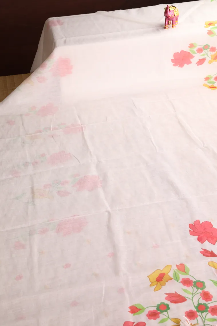 Cotton White Linen Saree Without Zari With Floral Patterns view 2