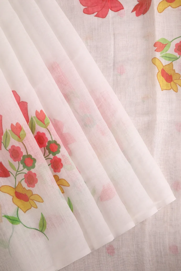 Cotton White Linen Saree Without Zari With Floral Patterns